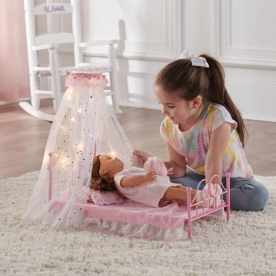 Starlights LED Canopy Metal Doll Bed With Bedding - Pink 5 Starlights LED Canopy Metal Doll Bed With Bedding - Pink - Image 3