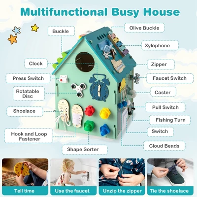 Costway Wooden Busy House Montessori Toy With Sensory Games & Interior Storage Space Blue/Pink 7 Costway Wooden Busy House Montessori Toy With Sensory Games & Interior Storage Space Blue/Pink - Image 5