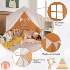 Costway Kid's Play Tent Toddler Playhouse Castle Solid Wood Frame With Washable Mat Orange/Pink -Playland Shop GUEST 84985fa1 1cc7 4ef6 a4b0 68c544134447