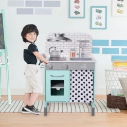 Teamson Kids Little Chef Philly Modern Wooden Kitchen Playset, Aqua/White