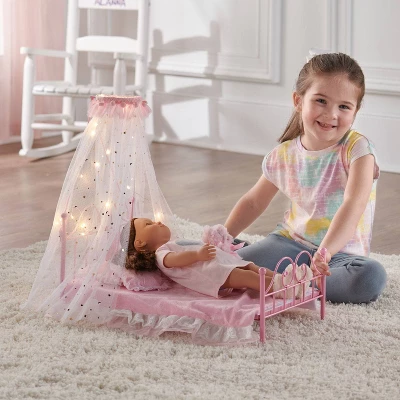 Starlights LED Canopy Metal Doll Bed With Bedding - Pink 3 Starlights LED Canopy Metal Doll Bed With Bedding - Pink
