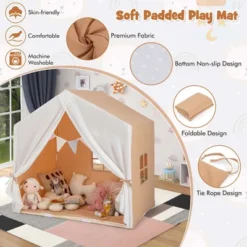 Costway Kid's Play Tent Toddler Playhouse Castle Solid Wood Frame With Washable Mat Orange/Pink -Playland Shop GUEST adaf3fcc 0e74 43c8 9d55 cc3e3b8abbb2